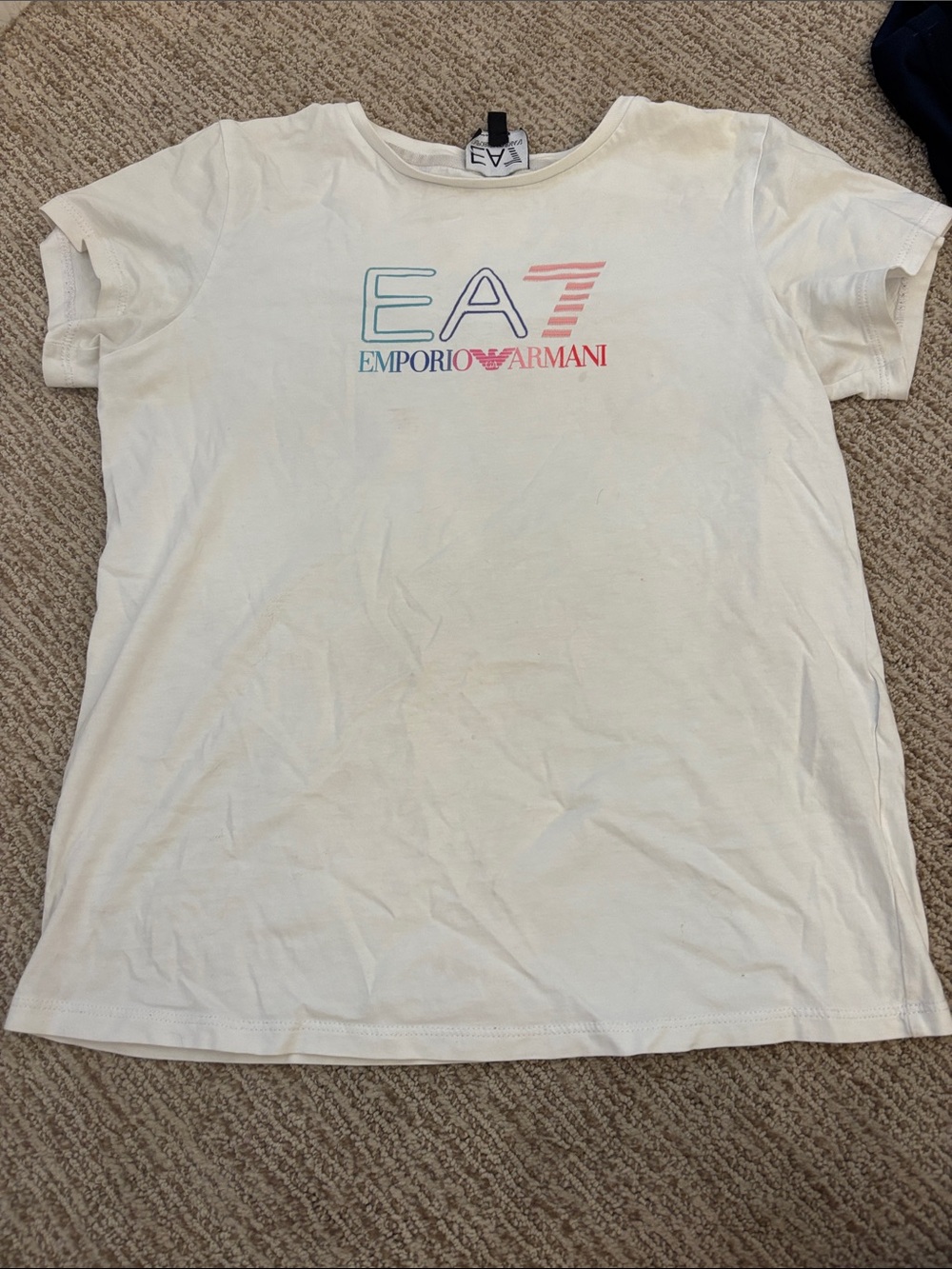 Emporio Armani White Tee with Pastel Blue and Pink Logo